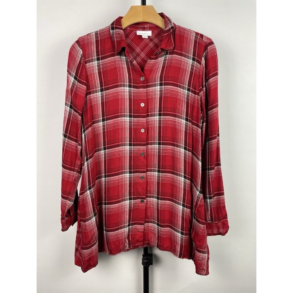J. Jill Red Plaid Double Cloth Button Front Long Sleeve Tunic Shirt Size XSP